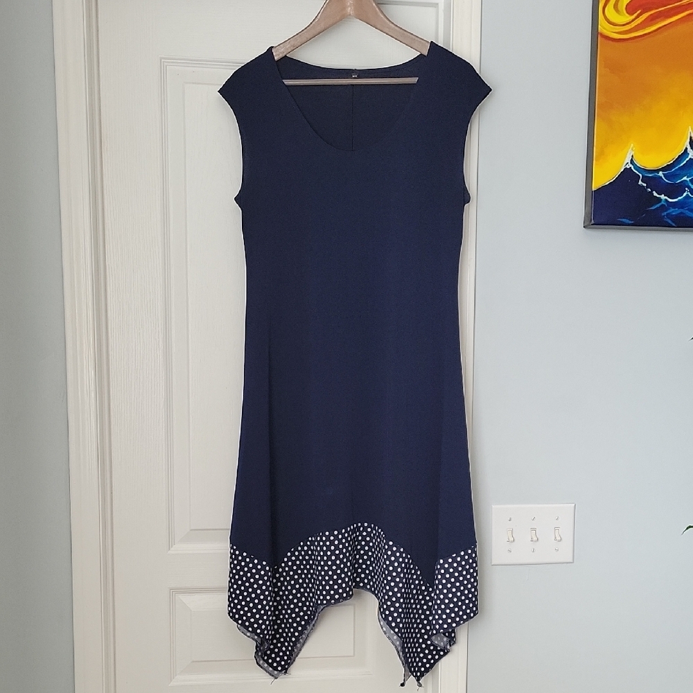Navy Blue Stretchy A-Line Sleeveless Dress with Asymmetrical Polka Dot Hem